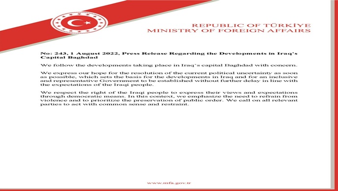 Press Release Regarding the Developments in Iraq’s Capital Baghdad